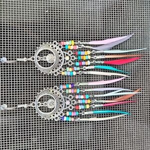 Boho chic rainbow feather hippie festival earrings